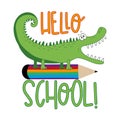 Hello School!- funny cartoon alligator and pencil. Royalty Free Stock Photo