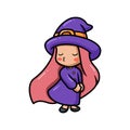 Cute little witch girl cartoon blows a kiss