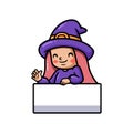 Cute little witch girl cartoon with blank sign Royalty Free Stock Photo