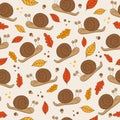 Autumnal seamless pattern with snail, acorn and Autumn leaves.