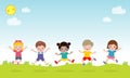 Happy children jumping and dancing together on the park, kids activities, children playing in playground, Template for advertising Royalty Free Stock Photo