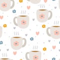 Seamless pattern with cute cartoon cups and flowers for fabric print, textile, gift wrapping paper. colorful vector for textile Royalty Free Stock Photo