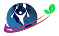 Global international food logo. globe, man, fork and spoon vector