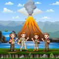 Nature scene with group of scouts and volcano erupt Royalty Free Stock Photo