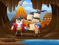 Illustration of pirates in cave near the sea