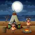 Two american indians cartoon with teepees