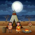 American indians children cartoon with teepees