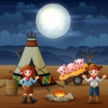 Cowboy and cowgirl and pigs at campsite at night Royalty Free Stock Photo