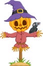 Cartoon halloween pumpkin scarecrow with crow Royalty Free Stock Photo