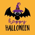 Happy Halloween - cute bat in witch`s hat.
