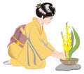 ikebana japan woman girl flower traditional clothing vector illustration transparent background