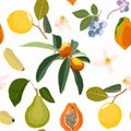 Stylish pear, blue berry, lemon seamless pattern in scandinavian style. Fruit illustration.
