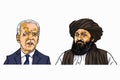 Joe Biden and Abdul Ghani Baradar, The leader of the Taliban Vector Cartoon Caricature Drawing Illustration Royalty Free Stock Photo