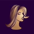 Beauty, hair salon illustration. Long, wavy hairstyle. Elegant makeup. Metallic gold color. Royalty Free Stock Photo