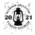 Camping logo with lantern Vintage emblem forest Royalty Free Stock Photo