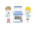 COVID-19 or coronavirus 2019-nCoV vaccine concept. happy caucasian Doctors team with Vaccine vial, Medical staff doctor