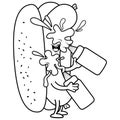 Cartoon hotdog splashing itself with mustard and ketchup. Vector black and white coloring page