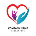 Caring community people or children and love heart logo vector design on transparent background.