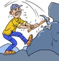 A man knocks a large rock with a hammer