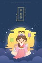 Mid autumn festival - cartoon Chang`e moon goddess with rabbits & mooncake