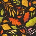 Autumn leaves, seamless illustration on black background. Oak leaves. Vector pattern, fabric design Royalty Free Stock Photo