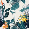 Tropical vintage  palm, monstera, plant, strelitzia orange flowers floral seamless border pink background. Royalty Free Stock Photo