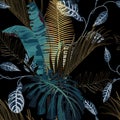 Tropical night vintage palm, banana, plant, golden leaves, floral seamless border black background.