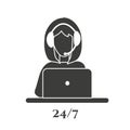 A girl silhouette in headphones at laptop, customer operator icon. Royalty Free Stock Photo