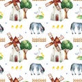 Watercolor seamless pattern with windmill,tree,fence,donkey,goose,chicken Royalty Free Stock Photo