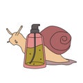 Hand drawn bottle of serum with snail mucin and snail on background, isolated vector doodle illustration