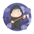 a cute little boy in a grim reaper costume holding a scythe. flat vector illustration. Royalty Free Stock Photo