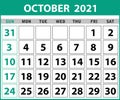 2021 October Calendar Layout template isolated in white background, Week starts Sunday. Pocket calendar year layout. Year organize