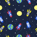 Seamless pattern with rocket and planet on space. Colourful vector illustration