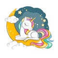 Colorful illustration ofs cute smilling unicorn on the moon.