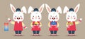 Cartoon rabbit wearing Korea hanbok with lantern, songpyeon, gift & persimmons