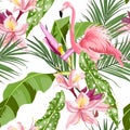 Pink flamingo and exotic flowers, palm leaves, white background. Floral seamless pattern. Tropical illustration. Royalty Free Stock Photo