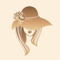 Beauty salon, hair studio, fashion illustration. Beautiful, attractive woman with flowers accessory. Decorative sun hat. Royalty Free Stock Photo