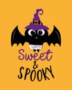 Sweet and spooky - cute baby bat in witch hat.