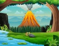 Nature forest landscape with a volcano erupt