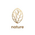 Nature logo template. Golden emblem with leaves in line style. Royalty Free Stock Photo