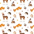 Watercolor seamless pattern with funny forest animals-bullfinch,hedgehog,deer,squirrel and leaves. Royalty Free Stock Photo