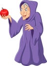 Cartoon old witch holding red apple