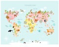 Print. Vector map of the world with cartoon animals for kids. Royalty Free Stock Photo