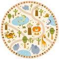 Print. Vector tropical maze with animals in safari park. Cartoon tropical animals.