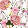 Seamless floral pattern with pink roses flowers and sakura branch,pink heart on white background.