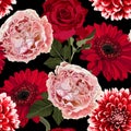Seamless floral pattern with pink roses flowers and red gerbera on blacke background.