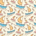 Sailboats Seamless vector pattern in colored doodle style. Childrens marine illustration in pastel colors Royalty Free Stock Photo