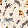 Colorful pattern with tiger, leopard, lion, birds animals illustration. Fashion ornament on beige background. Royalty Free Stock Photo
