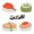 Simple Sushi food vector illustration, colored linear style Royalty Free Stock Photo