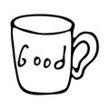 A mug for hot drinks, hand-drawn in the style of a doodle. Drawing of a glass for printing, the Internet, mobile devices and infog